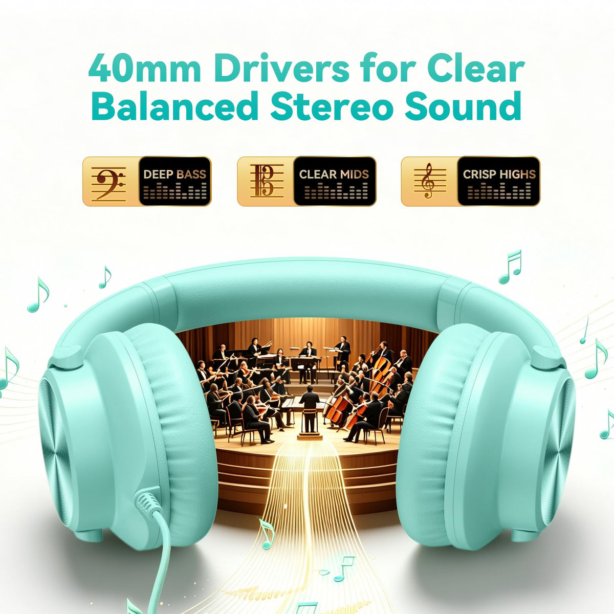 KVIDIO Wired Headphones with Mic - Mint Green view 1