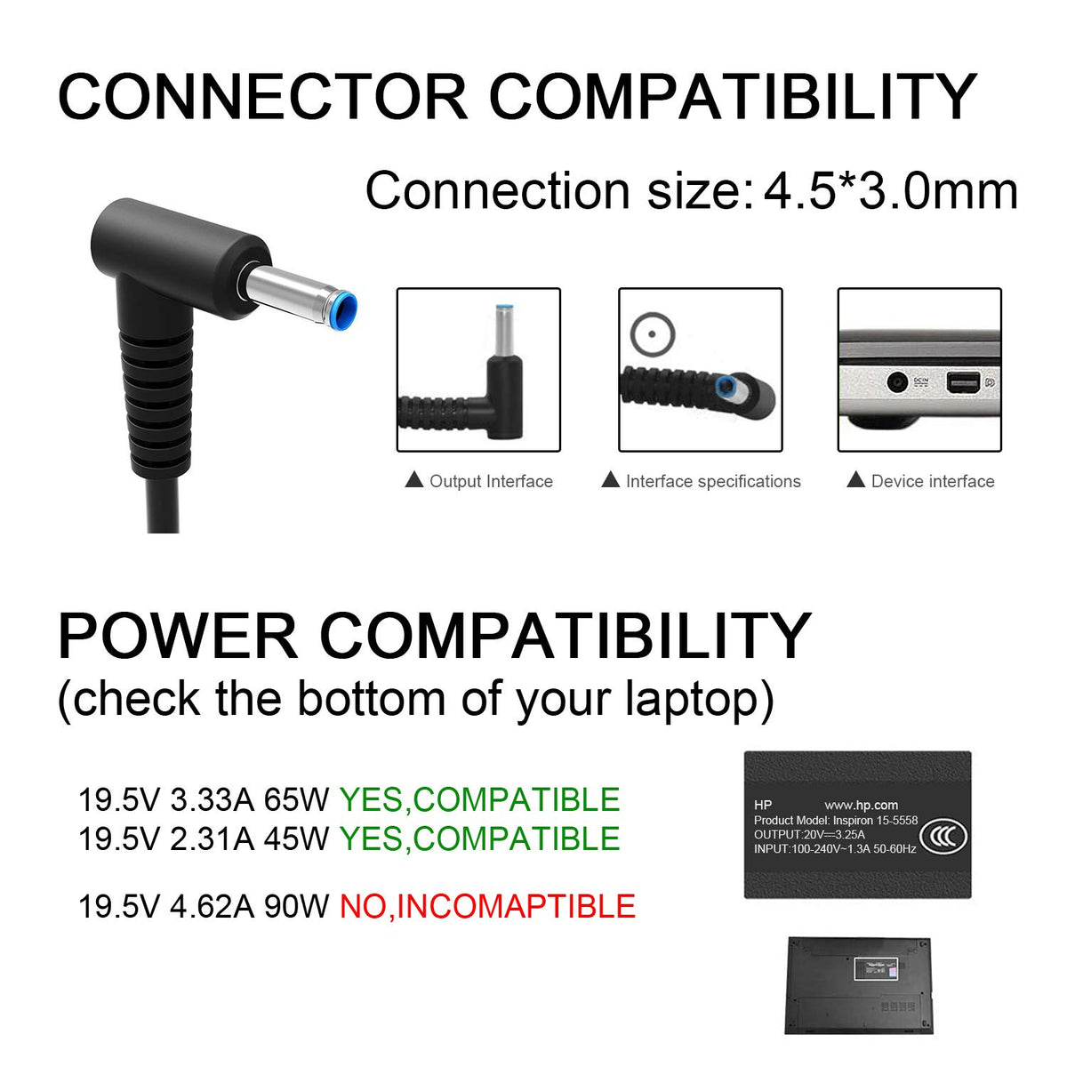 HIBBO Extra Long 10FT Charger for HP Laptop 65W 45W Smart Blue Tip Power Adapter (HP Laptop charger blue tip)