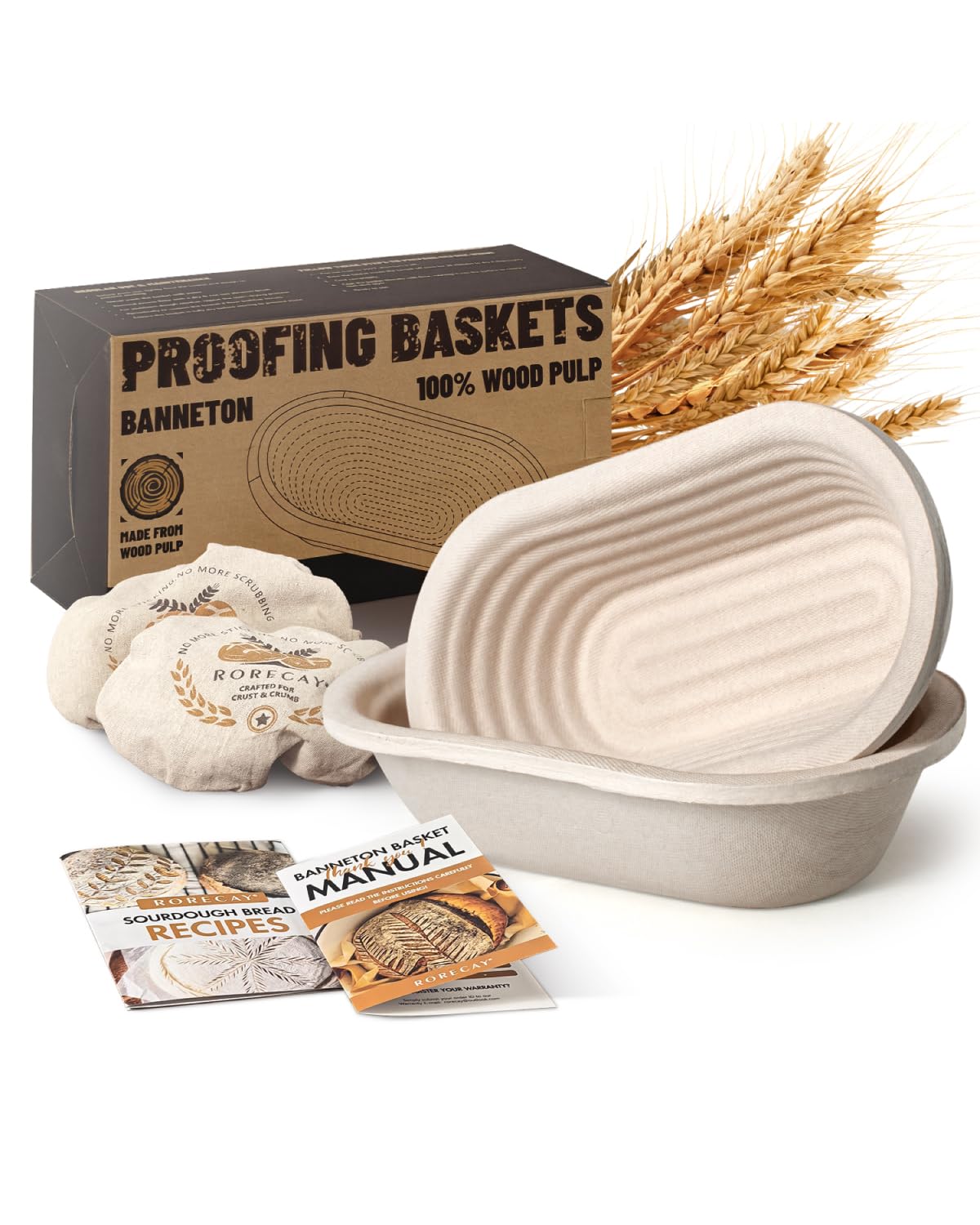 Rorecay Wood Pulp Banneton Bread Proofing Baskets Set of 2, 11 Inch Oval