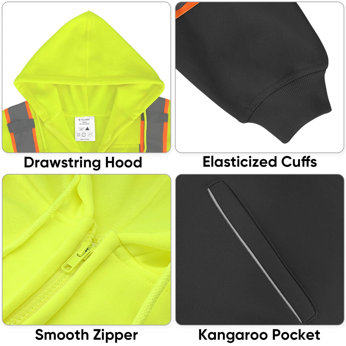 TICONN Hi Vis Safety Hoodie, ANSI Class 3 Reflective Fleece Sweatshirt (additional view 2)