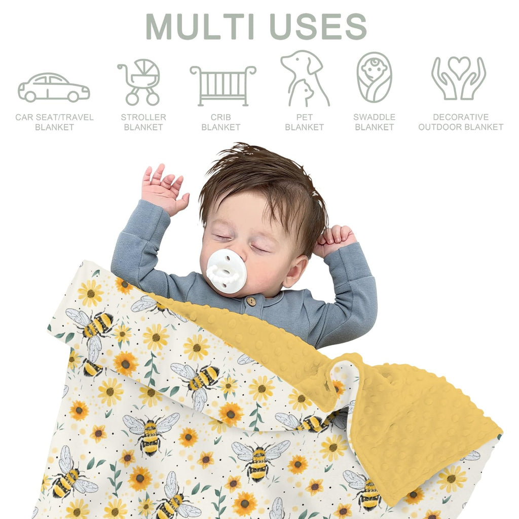 Bee Floral Baby Blanket Soft Mink Dotted Backing Double Layer Swaddle Receiving Blanket 30x40 - Yellow view 7