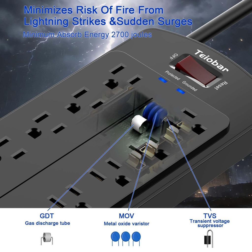 Teiobar Extension Cord Power Strip - Black(12 Outlets/3U1C) / 6 Ft view 4