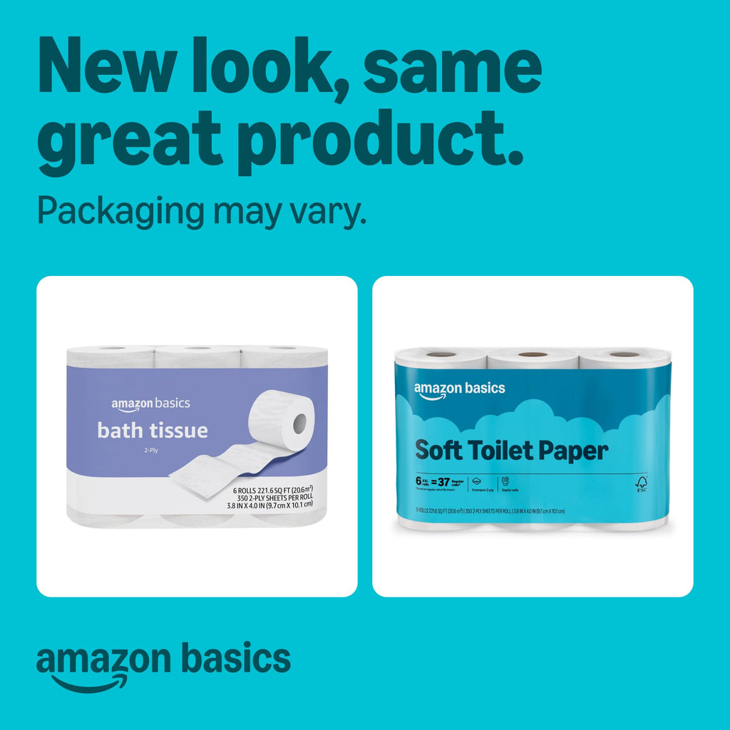 Amazon Basics 2-Ply Soft Toilet Paper, 30 Rolls (5 Packs of 6), 350 Sheets per Roll, Septic Safe, Equivalent to 185