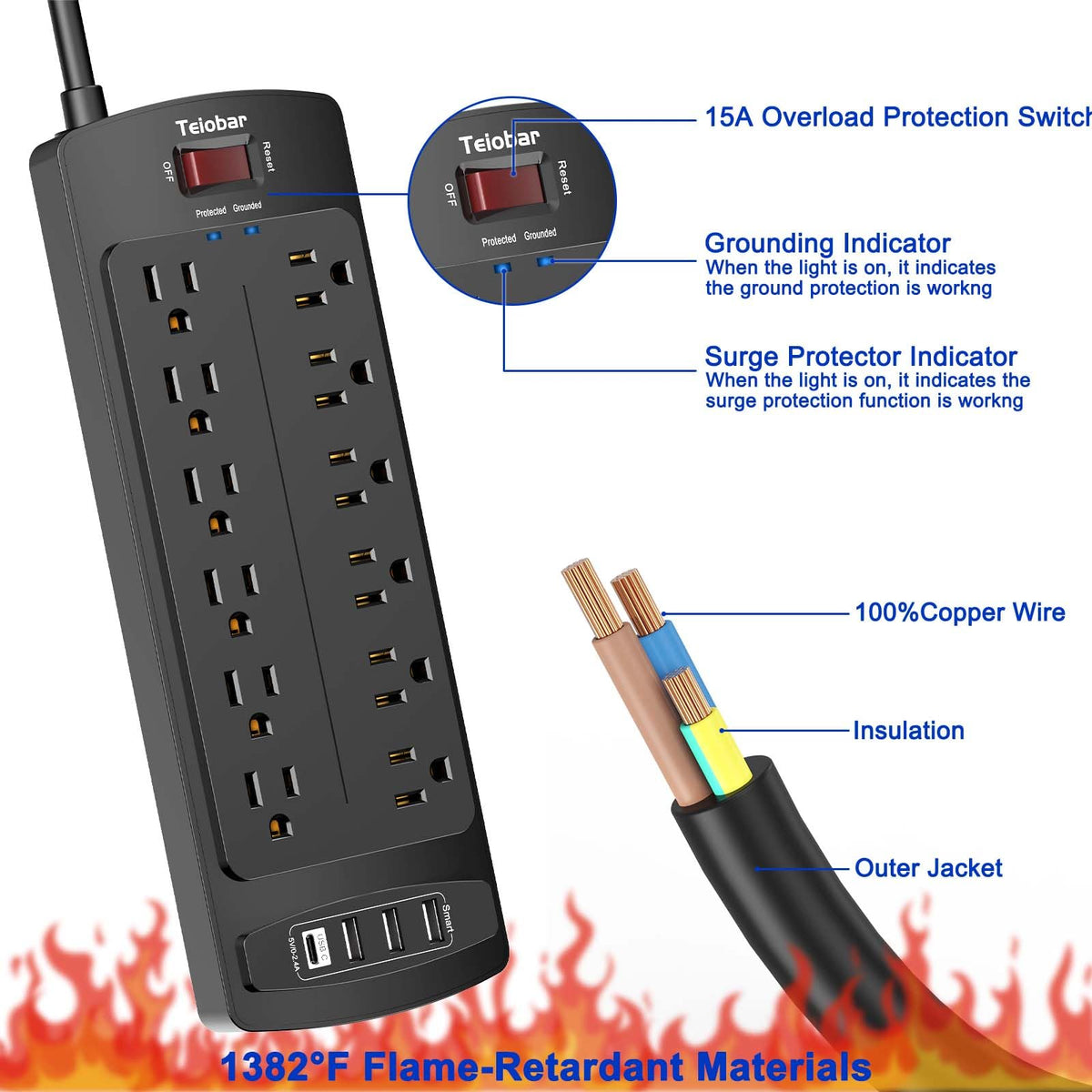 Teiobar Extension Cord Power Strip - Black(12 Outlets/3U1C) / 6 Ft view 5