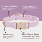 YUDOTE Corduroy Dog Collar Leash Set Adjustable Pet Walking Gear - Lilac / Medium view 2