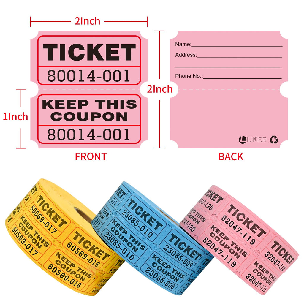 LLIKED 2"x2" Double Roll Raffle Tickets - 3000 ( Blue,yellow,pink ) view 1