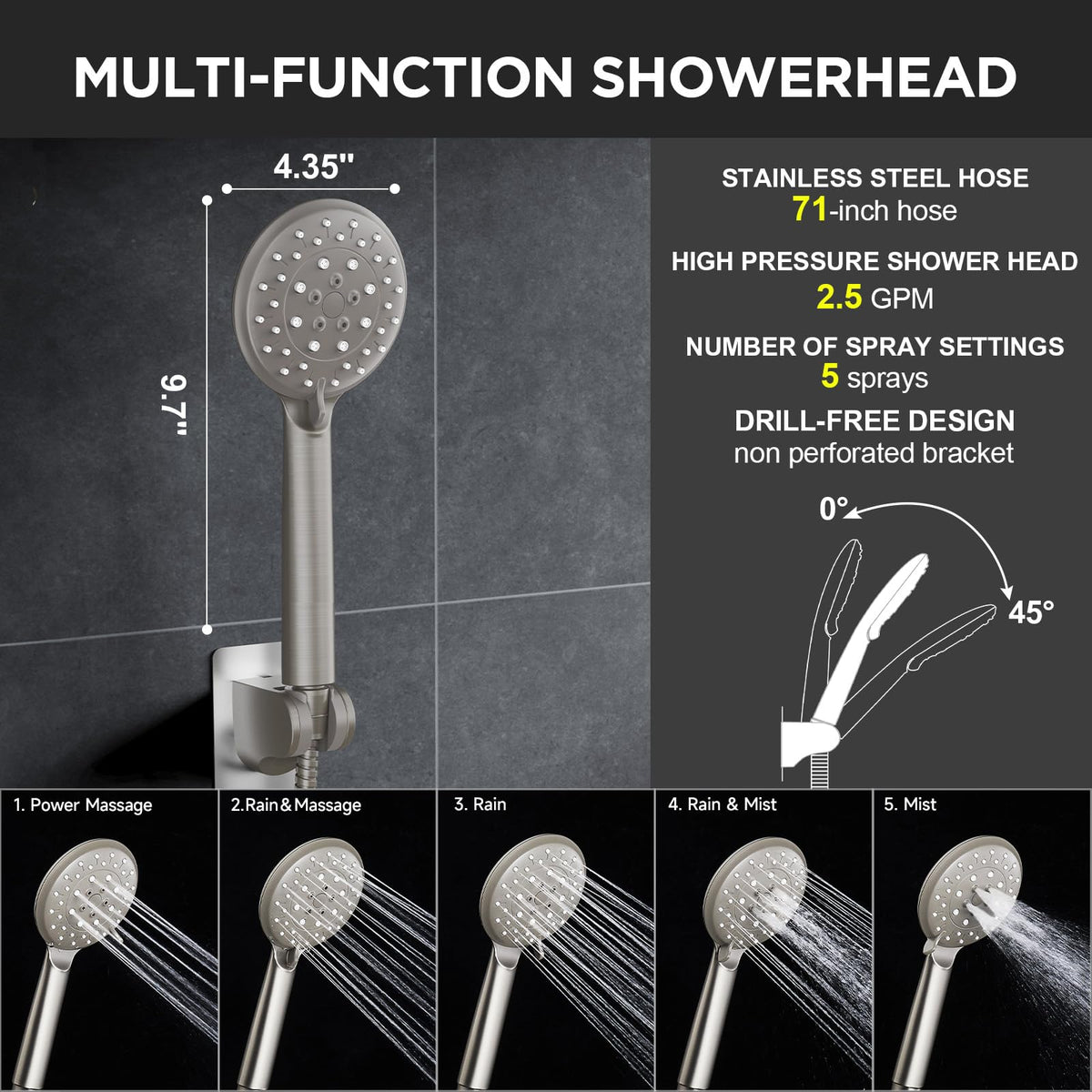Veken Brushed Nickel 11.8" Shower Head with Handheld,Stain Resistant Finish (SHC5V403)