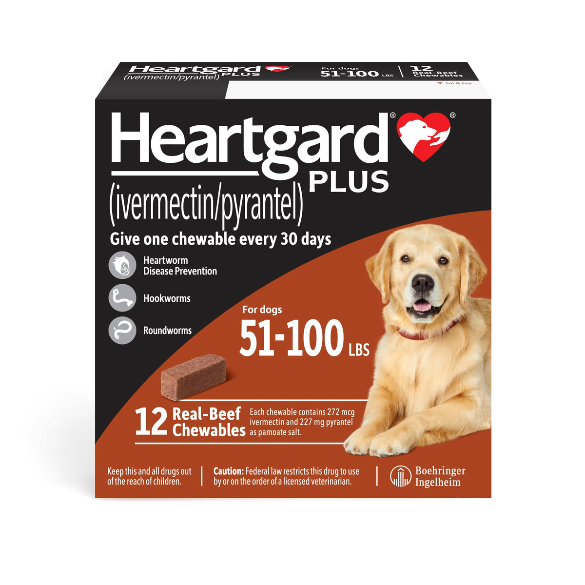 HEARTGARD Plus (ivermectin/pyrantel) Real-Beef Chewables for Dogs 51 -100 lbs (Brown Box) 12 Month Supply of Chews (Pack of 12)