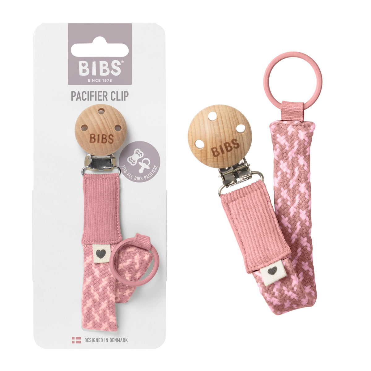 BIBS Braided Pacifier Clip, Fits All BIBS Pacifiers, Dusty Pink/Baby Pink
