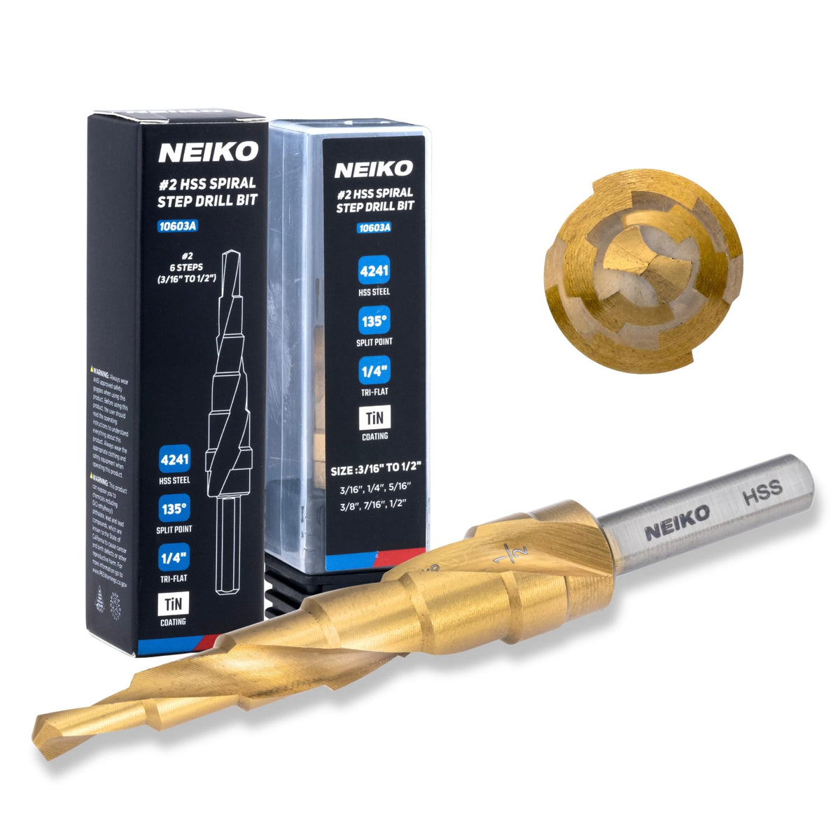 NEIKO 10603A Step Drill Bit, 6 Steps 3/16" to 1/2" Spiral High Speed Steel, Titanium