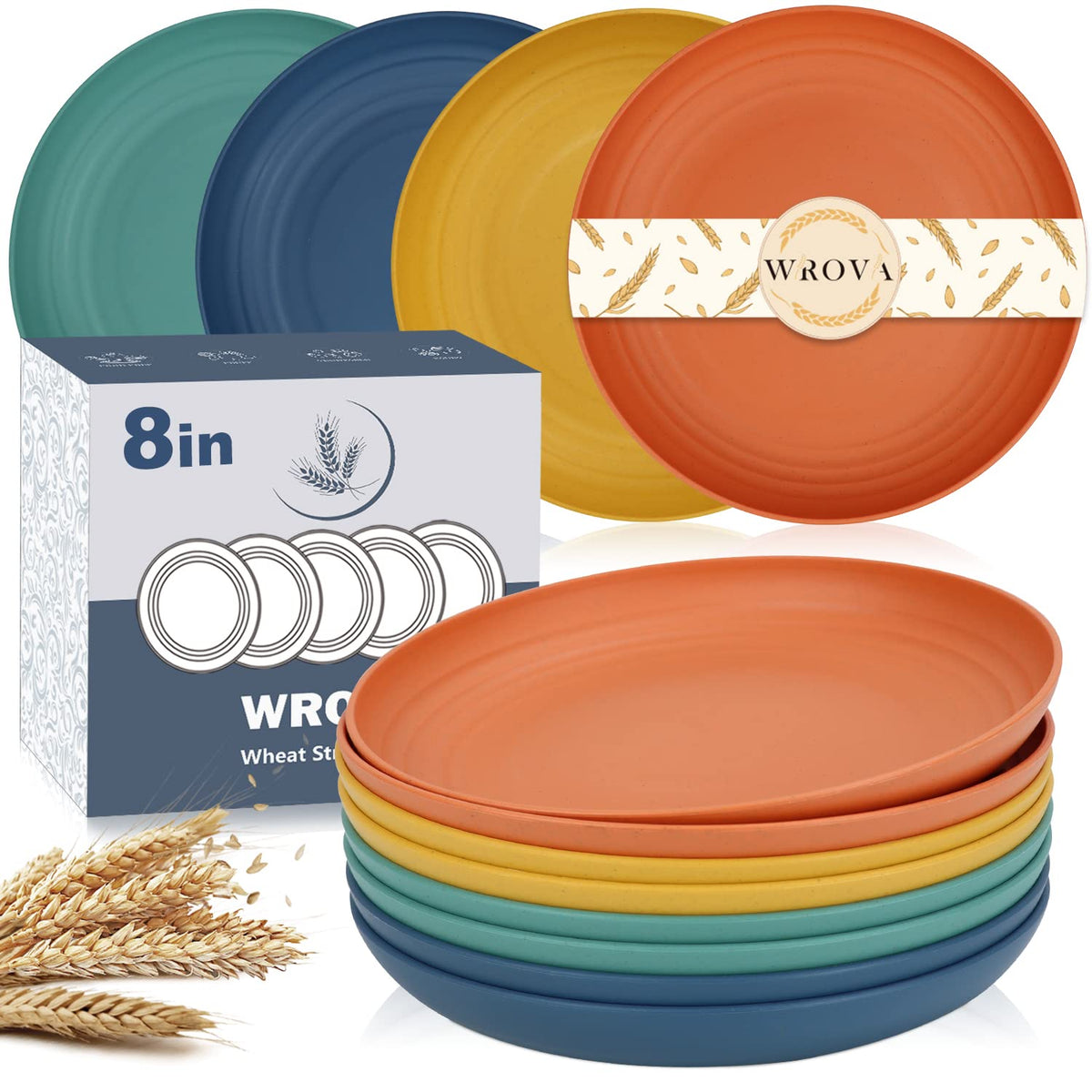 Wrova Wheat Straw Unbreakable Plates Set of 8 - Colorful Series: Orange,Yellow,Blue,Green / 8 Inch
