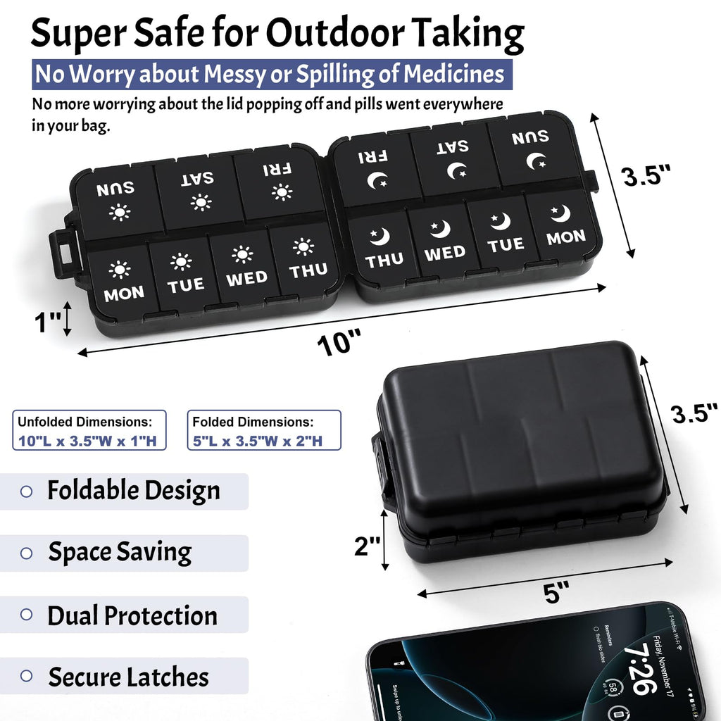 Foldable Portable 7 Day Pill Organizer 2 Times a Day, AM PM Weekly Pill Box