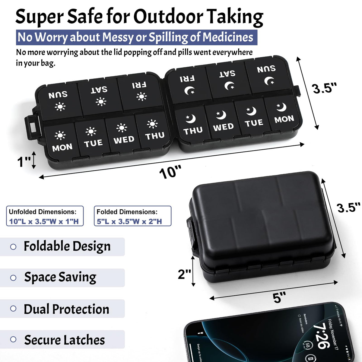 Foldable Portable 7 Day Pill Organizer 2 Times a Day, AM PM Weekly Pill Box