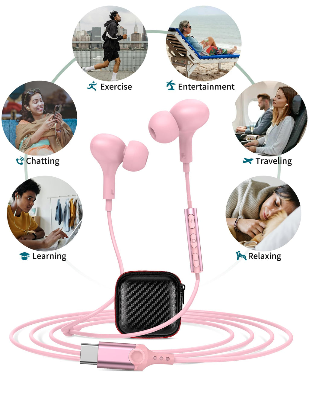 USB C Headphones for iPhone 18 Pro Max 17 16 15/Galaxy S26 FE Wired Earbuds - Rose-Pink view 6