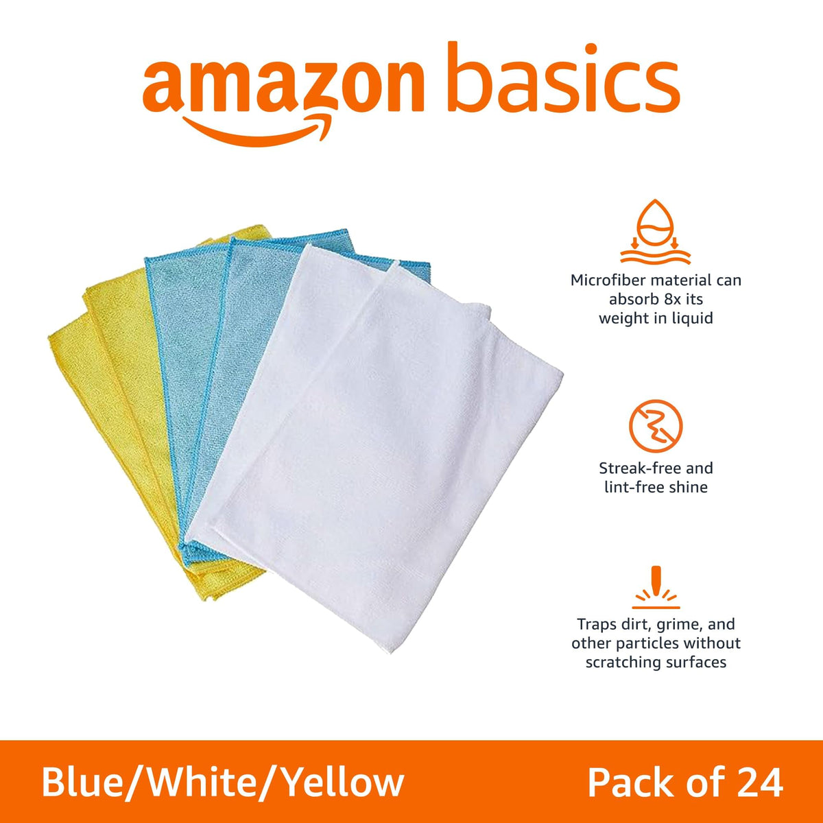 Amazon Basics Microfiber Cleaning Cloths, Ultra Absorbent, Lint Free, Streak Free, Non-Abrasive, Reusable and Washable