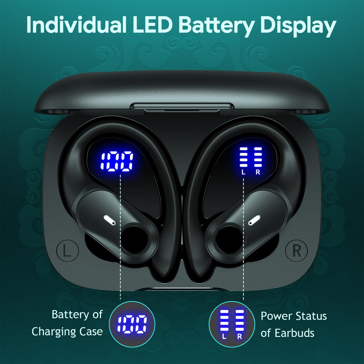 Active Noise Cancelling Ear Buds Wireless Bluetooth Headphones 80H Playtime Display Charging Case 50dB ANC Over - Black view 5
