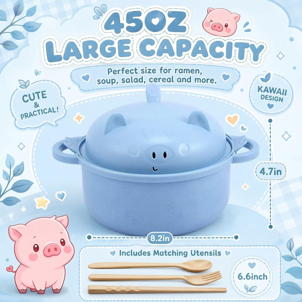 Romooa 45oz Cute Pig Ramen Bowl Set Microwavable