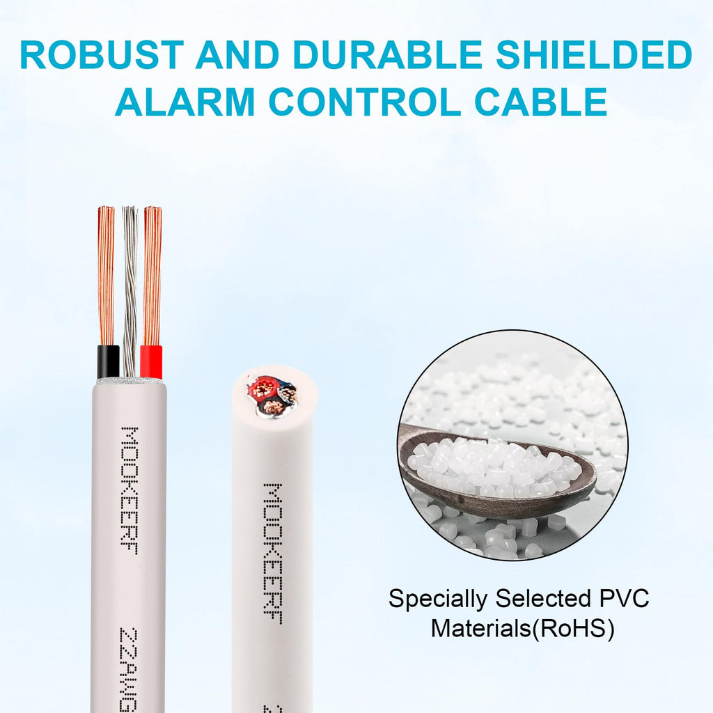 MOOKEERF 22/2 Shielded Wire 200FT 22AWG 2 Conductor Shielded Plenum Cable White CL3P Jacket Alarm Control Cable for Low