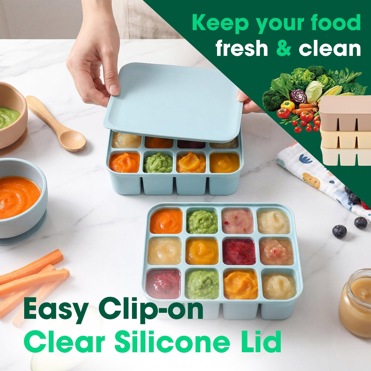 3 Pack Baby Food Freezer Tray with Lids - Blue view 4
