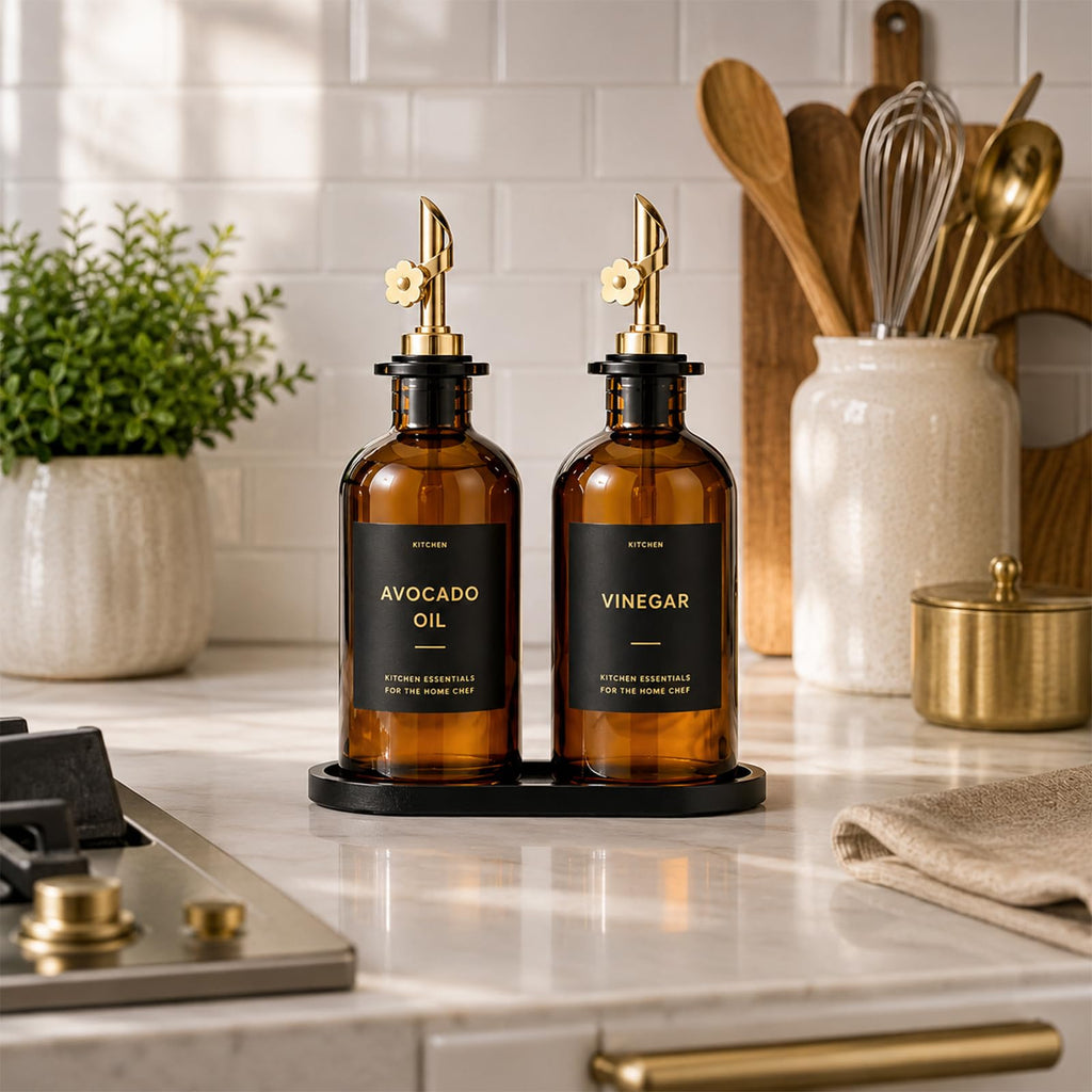 Olive Oil Dispenser for Kitchen, 2-Pack 12oz Glass Bottle - Brown&Gold Labels view 5