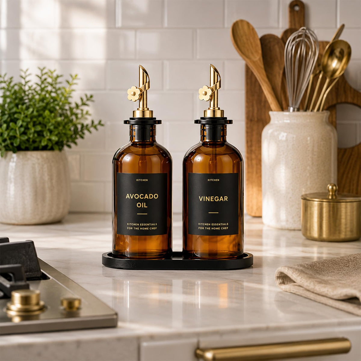 Olive Oil Dispenser for Kitchen, 2-Pack 12oz Glass Bottle - Brown&Gold Labels view 5