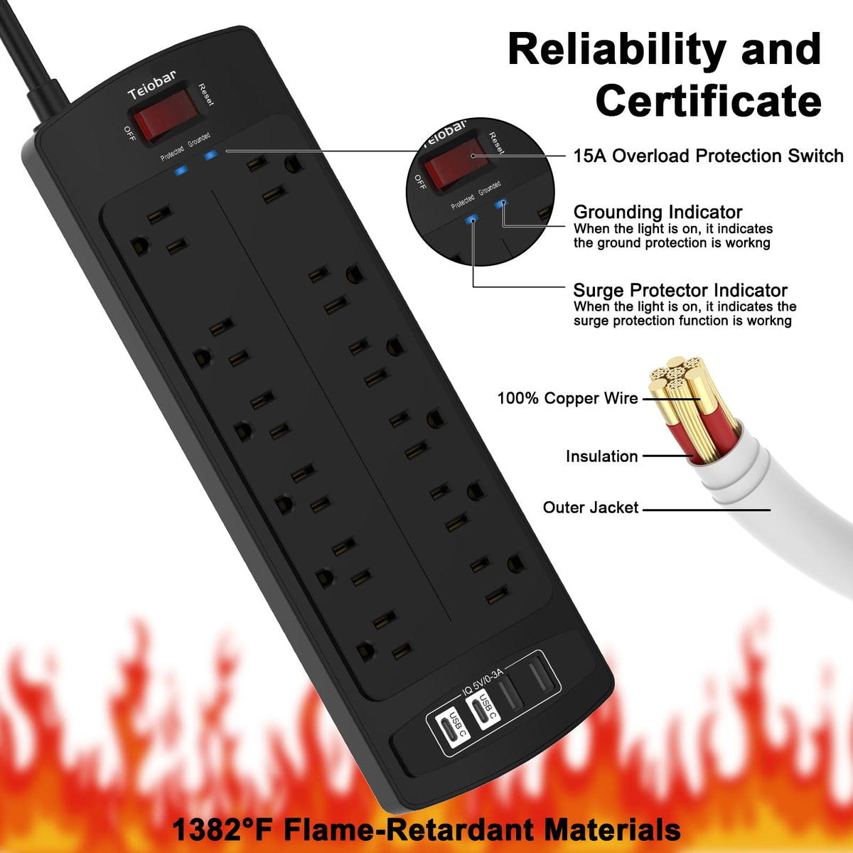 Teiobar Extension Cord Power Strip - view 6