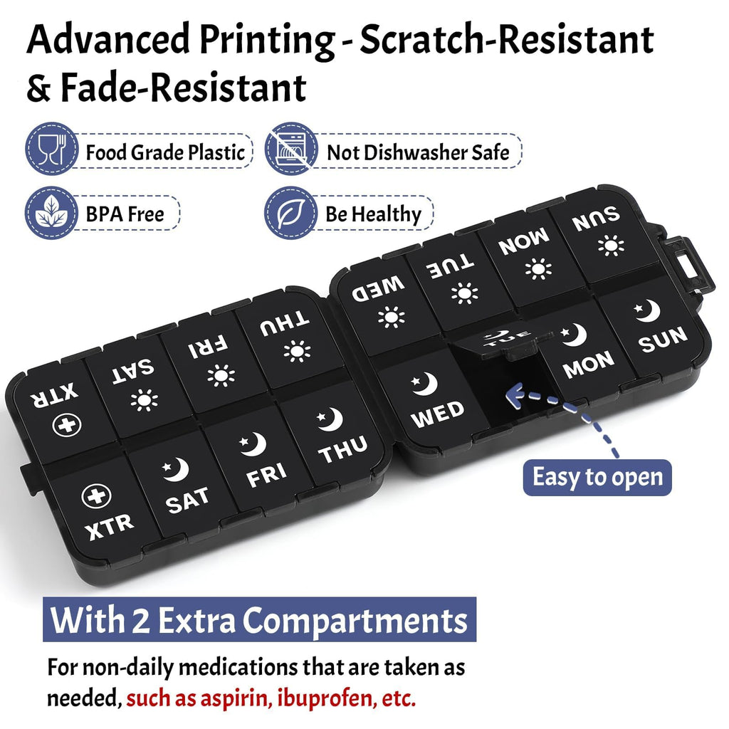 Foldable Portable 7 Day Pill Organizer 2 Times a Day, AM PM Weekly Pill Box