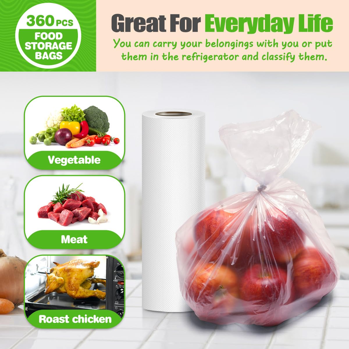 Teivio 360 Count 12" x 16" Plastic Produce Bags on A Roll, Clear Kitchen Disposable (additional view 2)