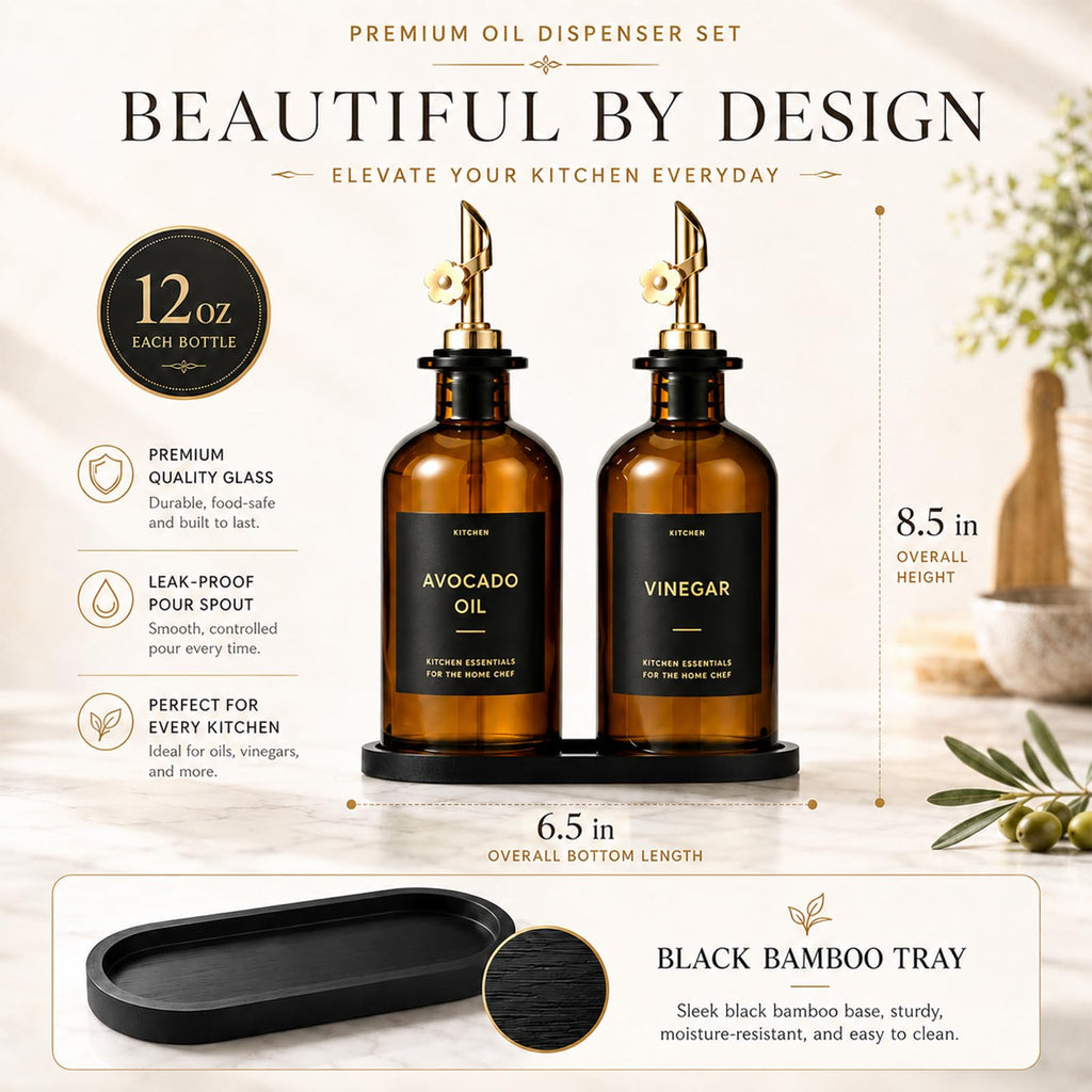 Olive Oil Dispenser for Kitchen, 2-Pack 12oz Glass Bottle - Brown&Gold Labels view 3