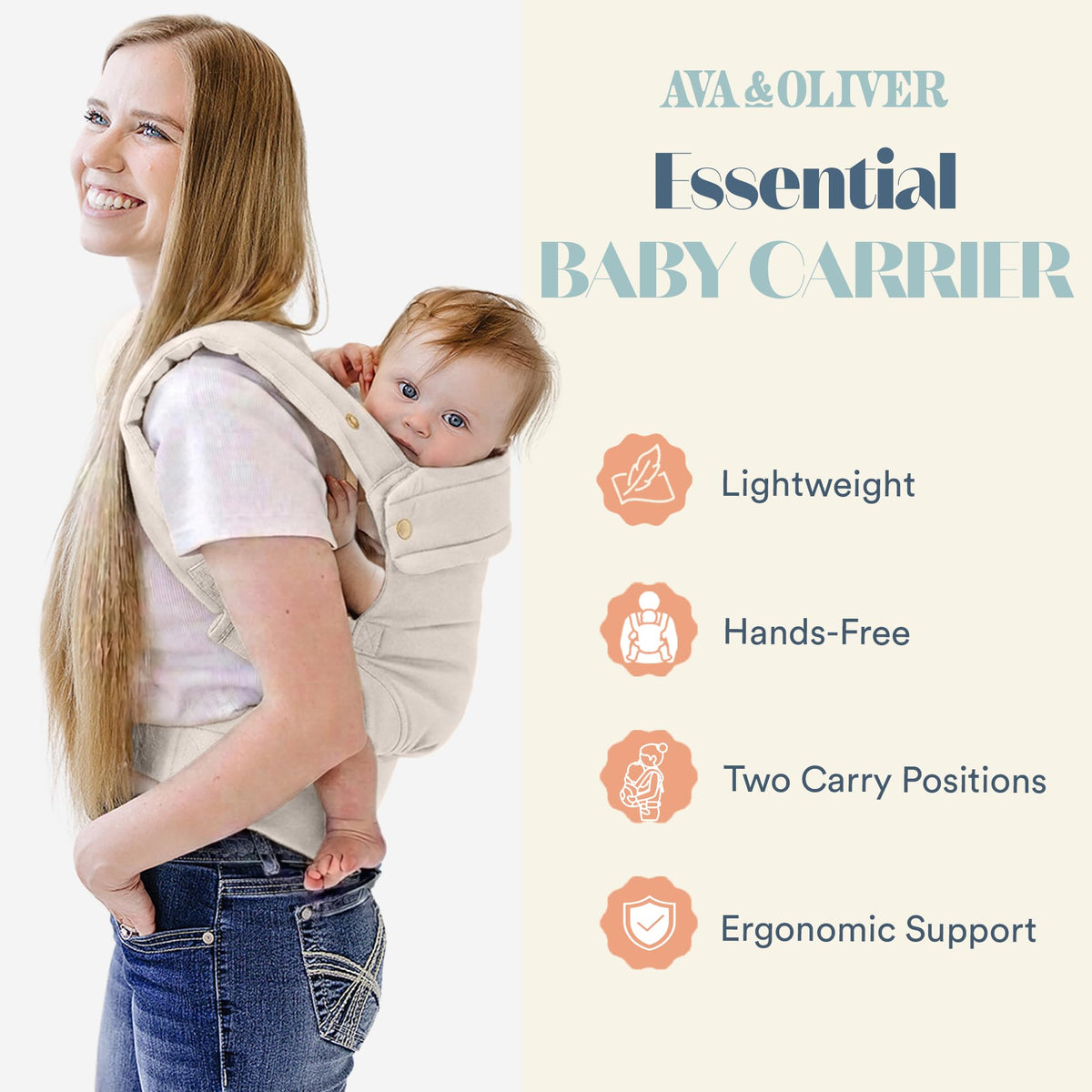 Ergonomic Hip-Healthy Baby Carrier, Front and Back Carry, 7-35 lbs - Vanilla view 1