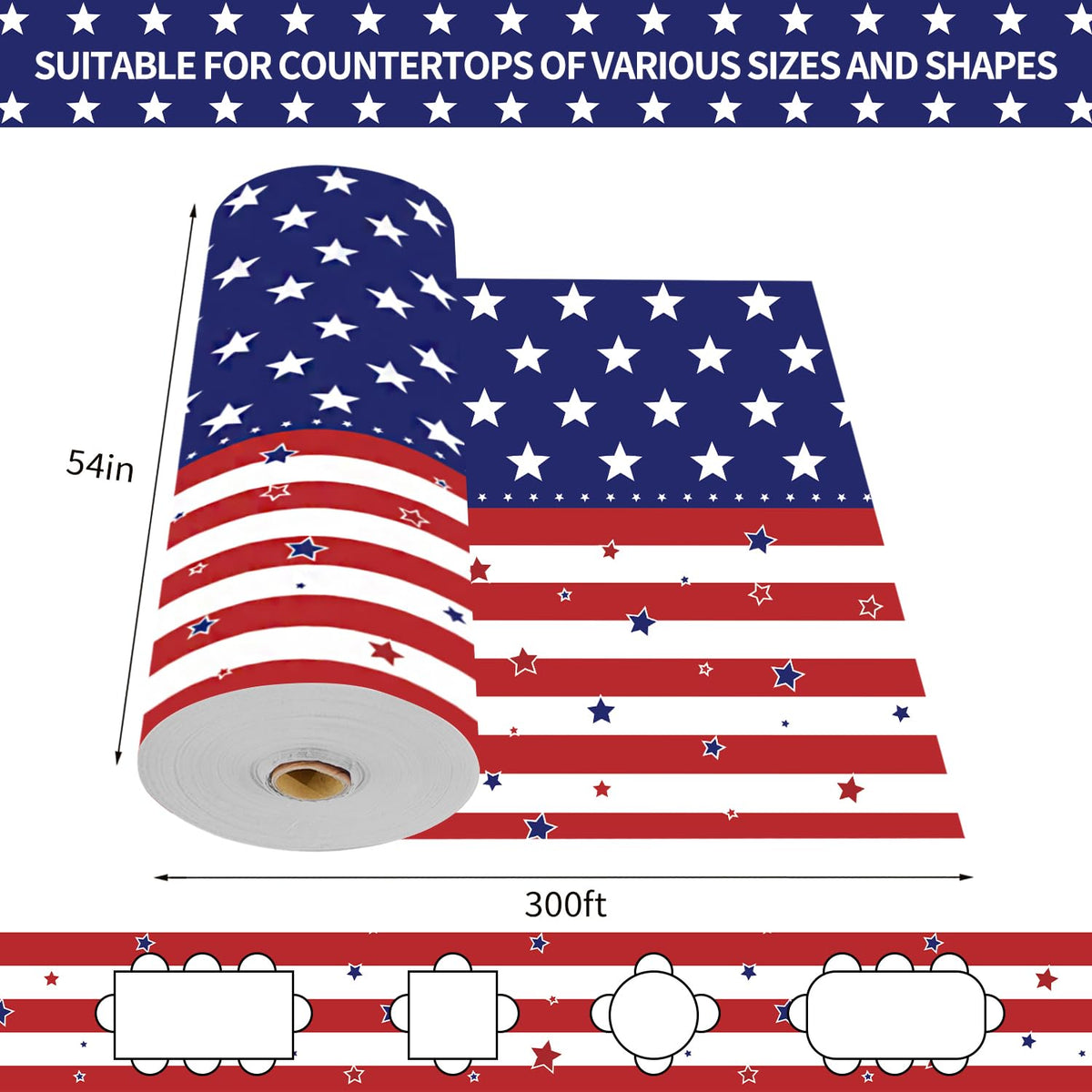 CXPSINC 54 Inch Plastic Table Cover Roll Disposable Tablecloth with Slide Cutter - American Flag / 3600" x 54" (Rectangular) view 1