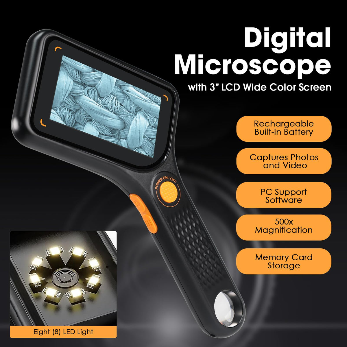 Digital Microscope Handheld 500X with 3.0" IPS Screen, Autofocus, 8GB TF Card, Portable (additional view 3)