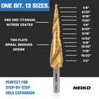 NEIKO 10600A Step Drill Bit, 13 Steps 1/8" to 1/2" Spiral High Speed Steel, Titanium (additional view 1)
