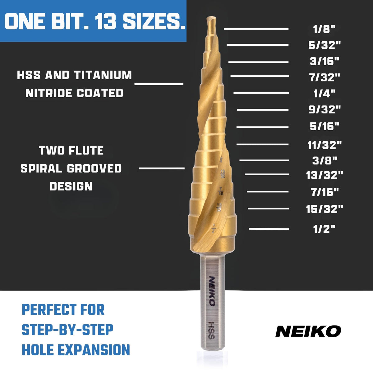NEIKO 10600A Step Drill Bit, 13 Steps 1/8" to 1/2" Spiral High Speed Steel, Titanium (additional view 1)