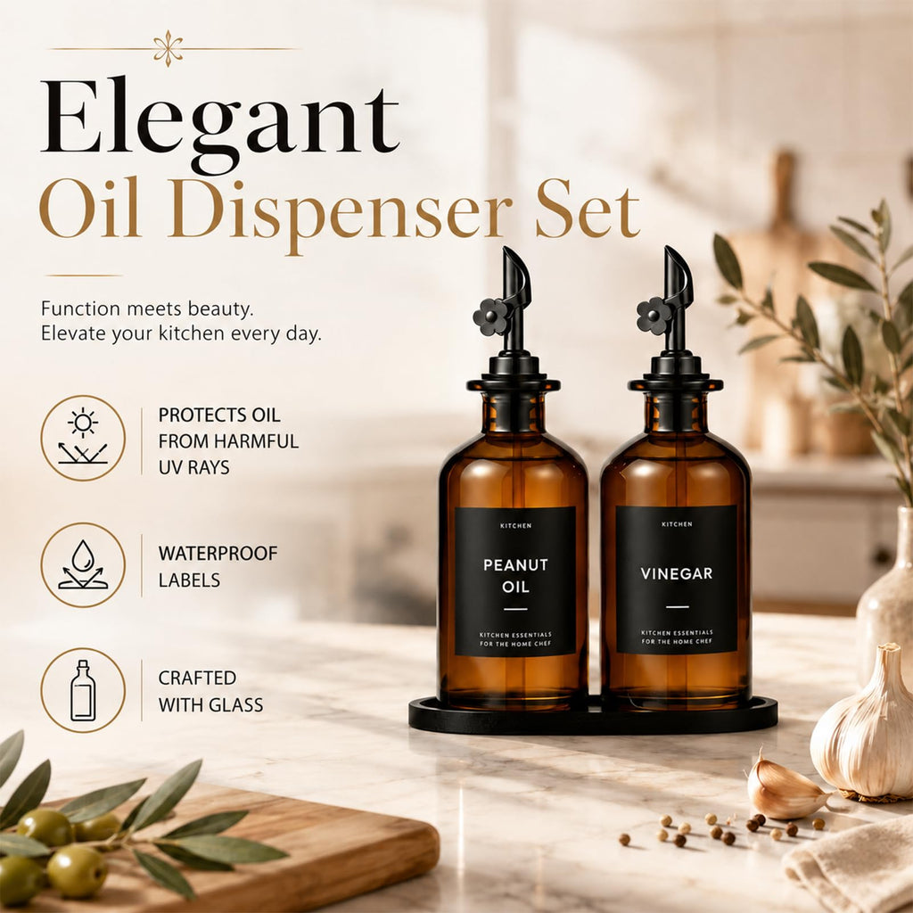 Olive Oil Dispenser for Kitchen, 2-Pack 12oz Glass Bottle - Brown&Black Labels view 1