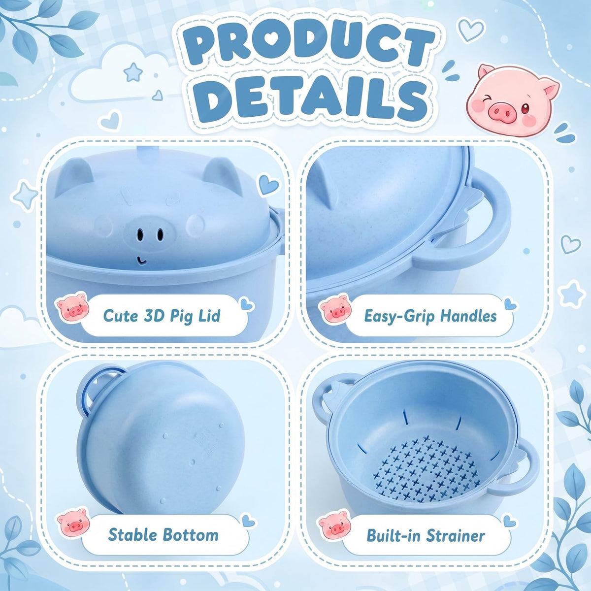 Romooa 45oz Cute Pig Ramen Bowl Set Microwavable