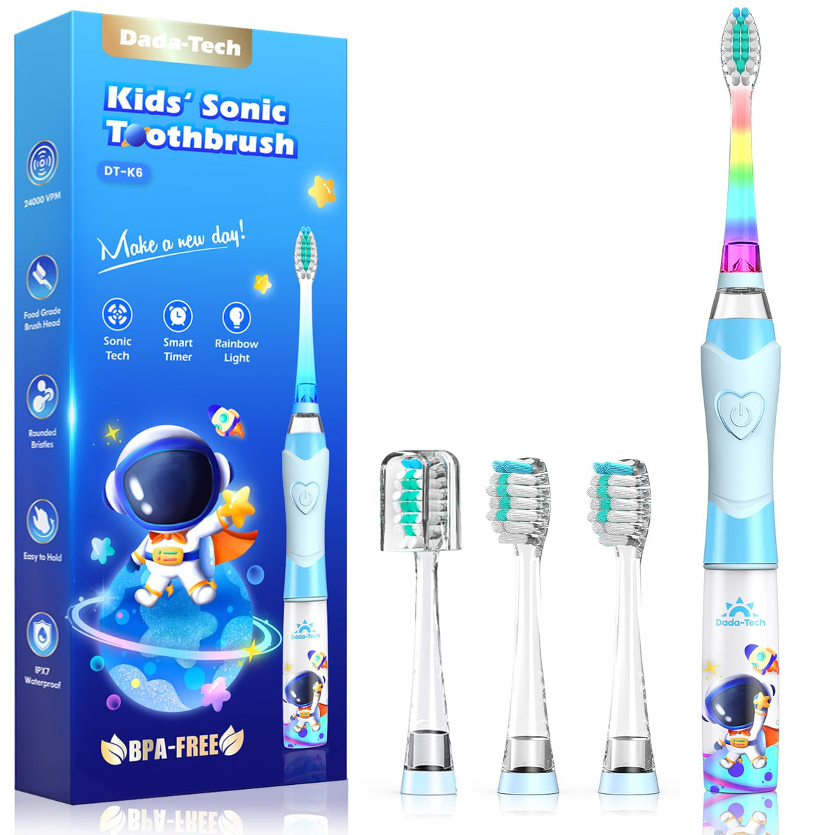 DADA-TECH Kids Electric Toothbrush Toddler Sonic Battery Powered Rainbow Light Up Vibrating Tooth Brush with 2 Minutes Timer for Children Boys Girls Ages 2+ Years Old - Astronauts Blue