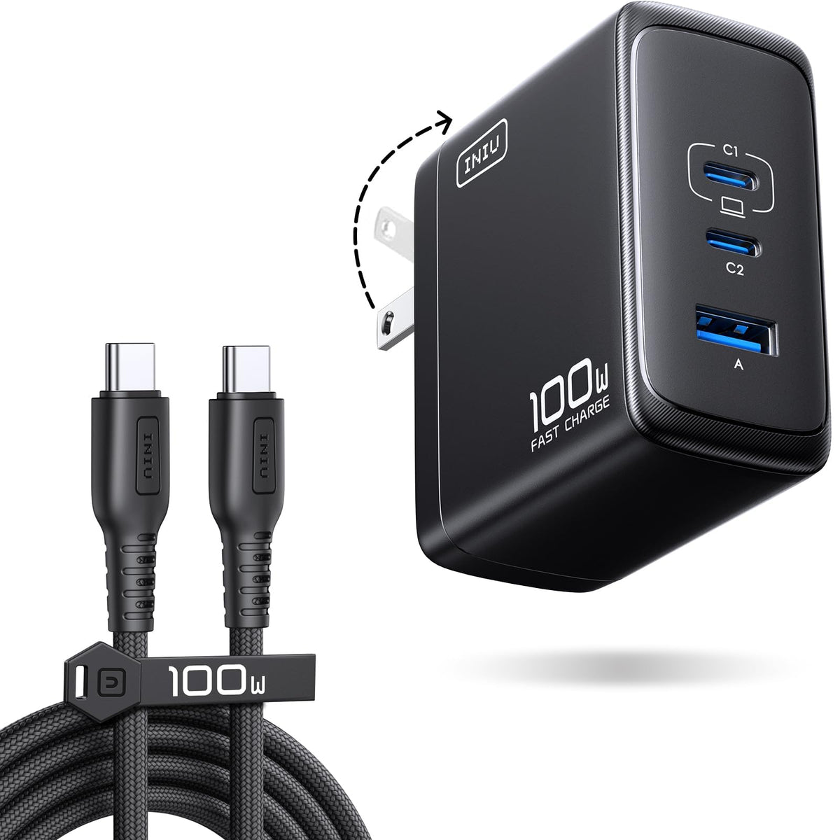 INIU 100W USB C Laptop Charger, GaN Fast Charging Block for with 100W Cable - Black