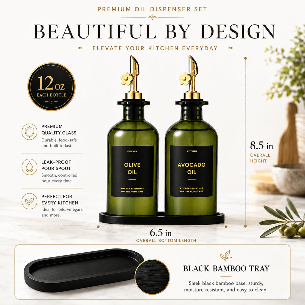 Olive Oil Dispenser for Kitchen, 2-Pack 12oz Glass Bottle - Olive-Green&Gold Labels view 3
