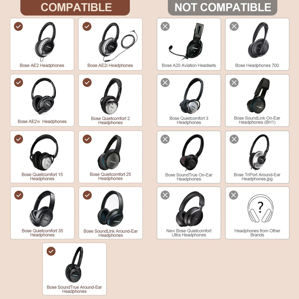 Aurivor Replacement Ear Pads for Bose QuietComfort QC35 QC25 QC15 QC2 Headphones - Coffee-Black view 1
