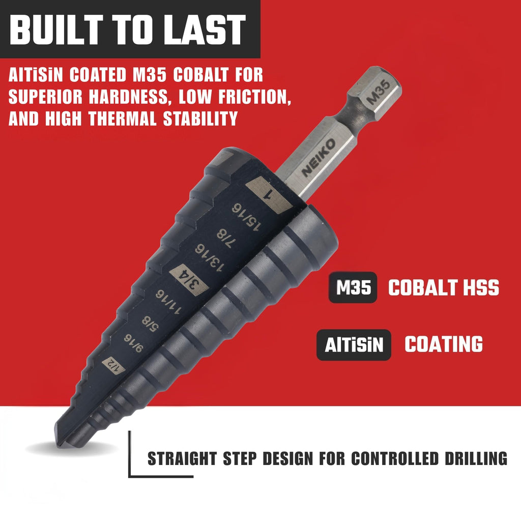 NEIKO 10624B Step Drill Bit, 9 Steps 1/2" to 1" Straight M35 Cobalt, AlTiSiN Coated, 1/4" (additional view 2)