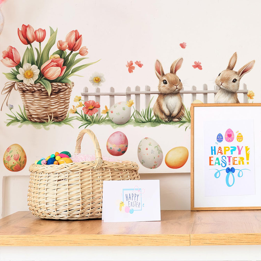 Generic Easter Wall Stickers: Rabbit Easter Eggs & Flowers Design, Multicolor, PVC (additional view 3)