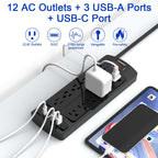 Teiobar Extension Cord Power Strip - Black(12 Outlets/3U1C) / 6 Ft view 1