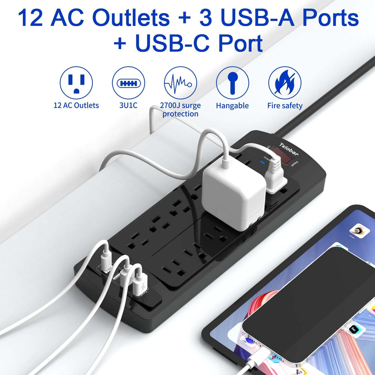 Teiobar Extension Cord Power Strip - Black(12 Outlets/3U1C) / 6 Ft view 1