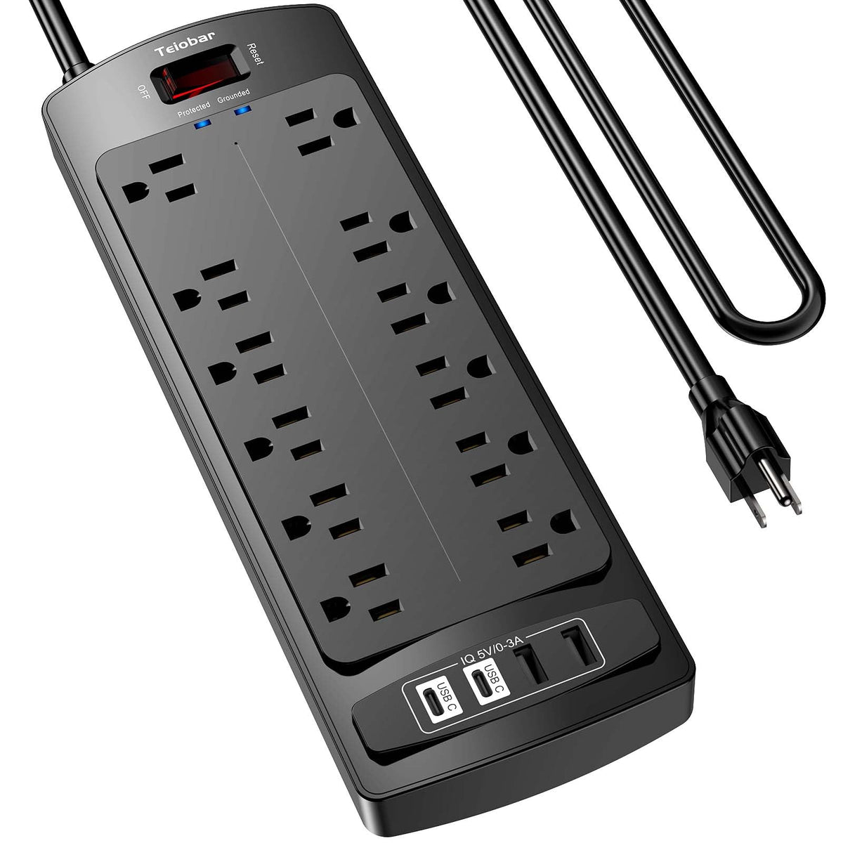 Teiobar Extension Cord Power Strip - Black(12 Outlets/2U2C) / 6 Ft