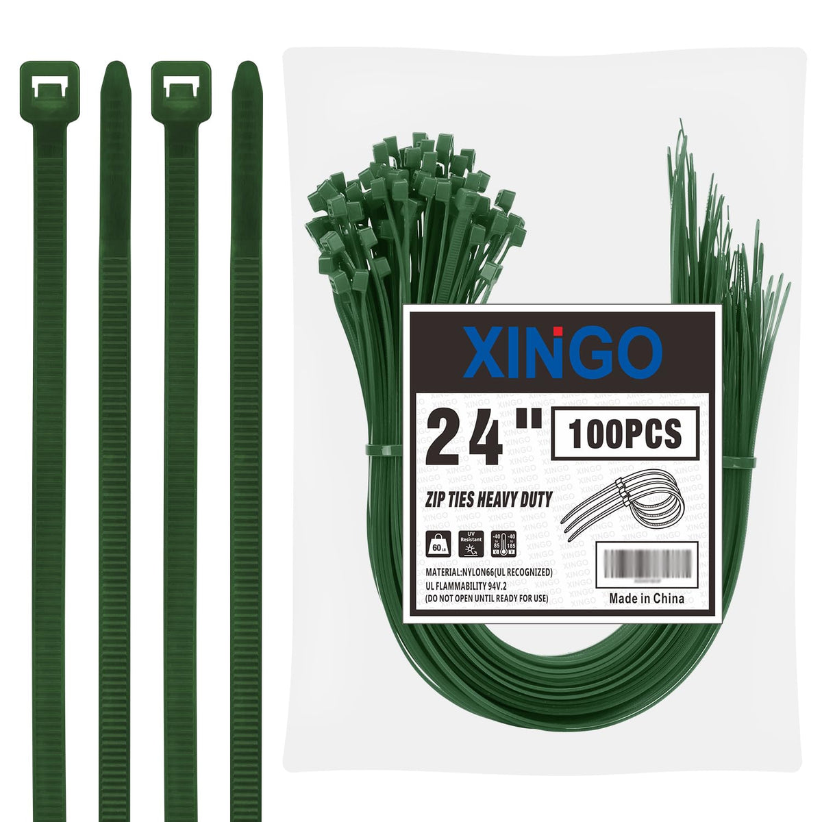 XINGO 24 inch Garden Green Zip Ties Heavy Duty (100 Pack), 60lb Tensile Strength, UV