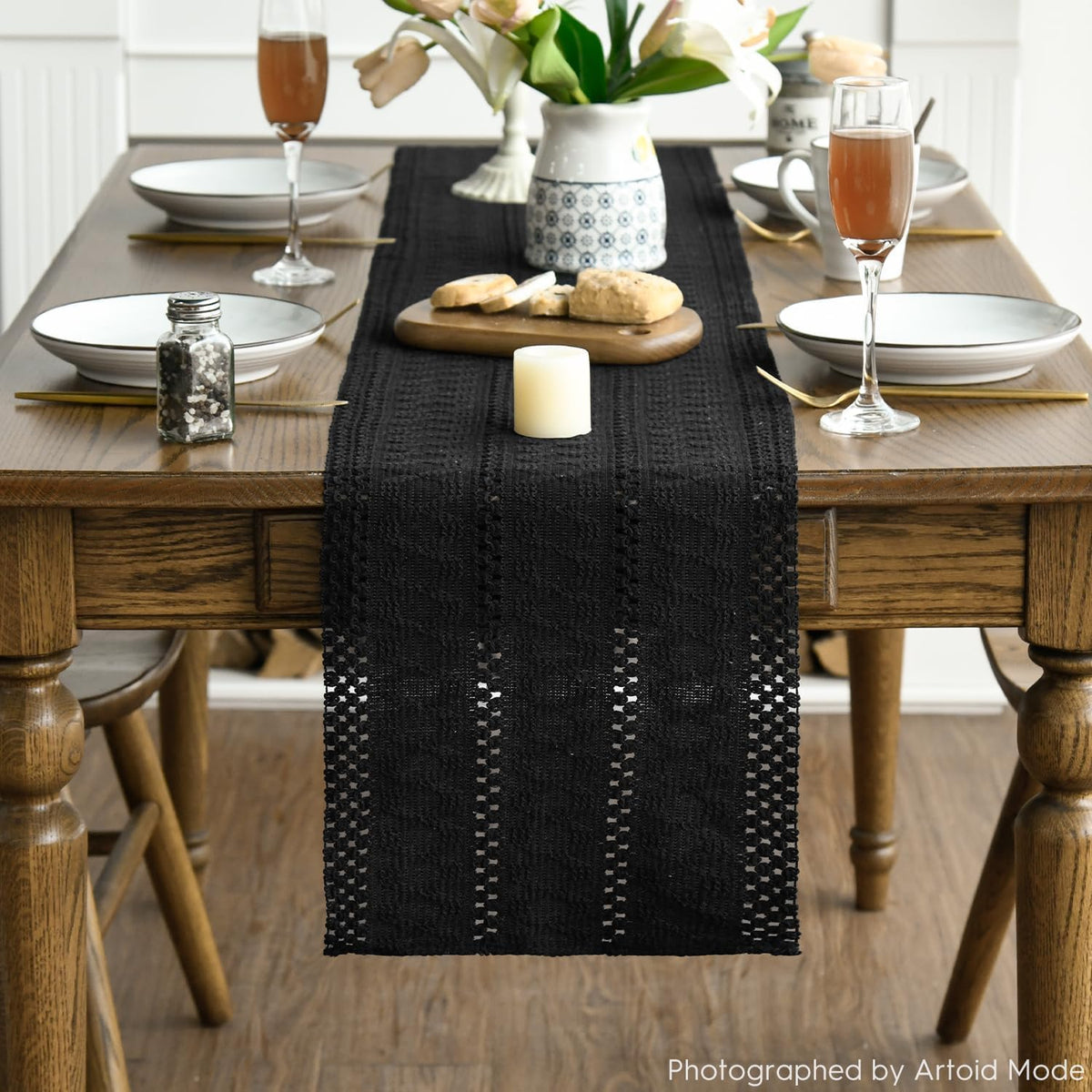 Artoid Woven Farmhouse Hollow Table Runner - Black / 12" x 120", Table Runner view 2