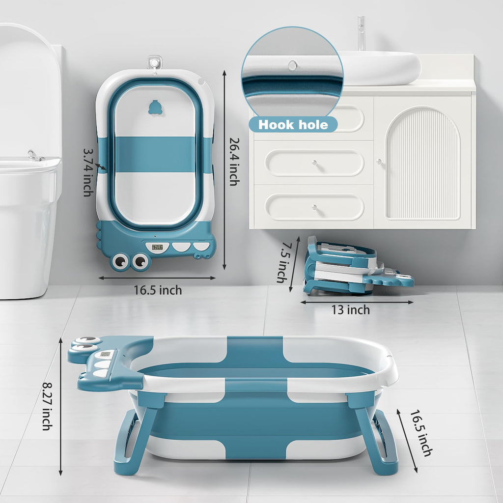 Tavlshero Collapsible Baby Bathtub for Newborn, Foldable Baby Bath Tub with Thermometer & Soft Floating Cushion & Drain