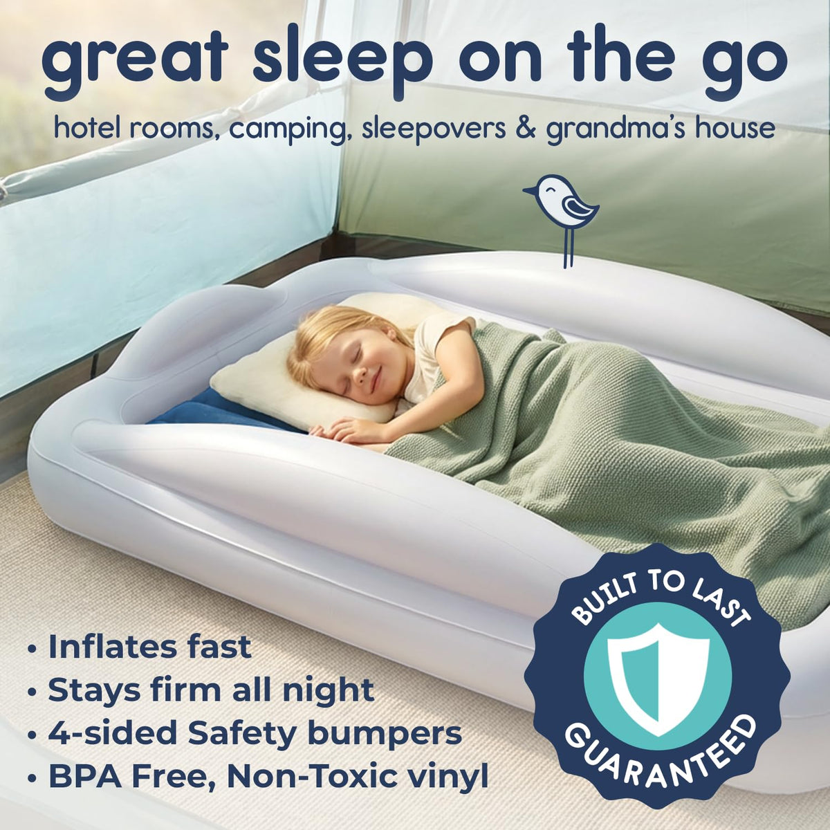 Hiccapop Inflatable Toddler Bed with Safety Bumpers, Kids Travel Bed, – Navy (HP-ITB)