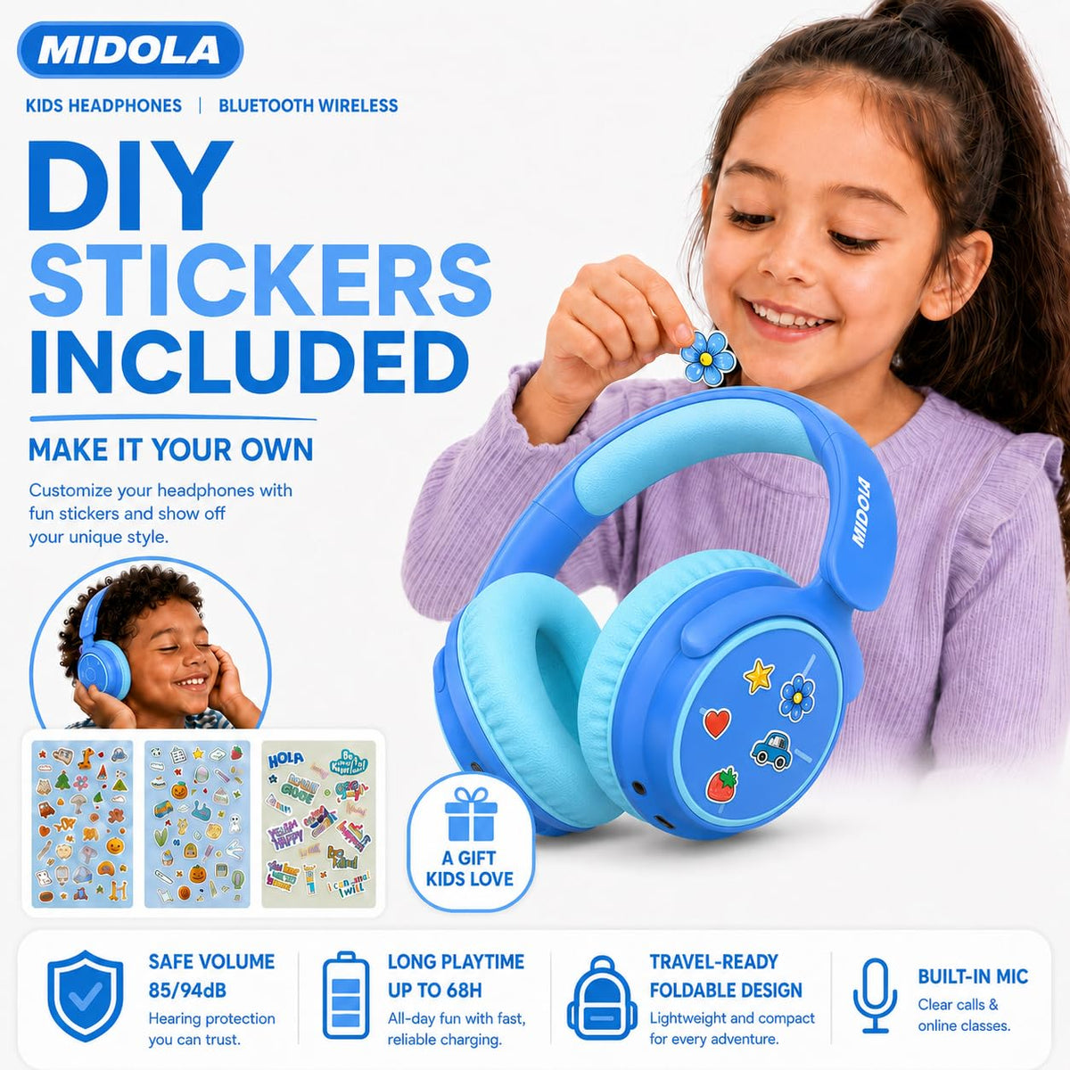 Kids Bluetooth Headphones Wireless Over-Ear,68Hrs,Volume Limit 85/94dB - Blue view 8